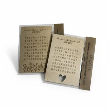 Rätselkarte aus Birkenholz mit Schriftzug „Herzensbotschaft für Dich“ zur Schwangerschaftsverkündung